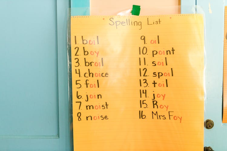 Spelling List On Yellow Paper Hanging On Wall