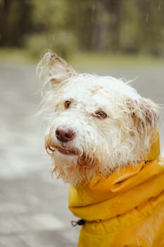 Charming white dog wearing a yellow raincoat in a rainy outdoor setting.