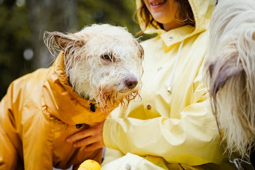 Wet dog and woman in colorful raincoats out in the rain, showcasing warmth and care.