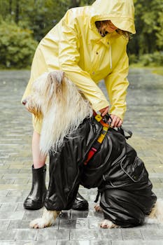 Woman in a yellow raincoat adjusting a dog's rain gear on a wet pavement.