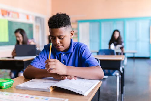 Boy in Blue Polo Shirt Holding a Pencil While Reading 