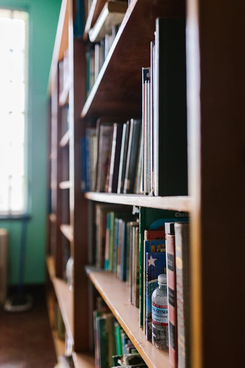 Free Books on Brown Wooden Bookcase  Stock Photo
