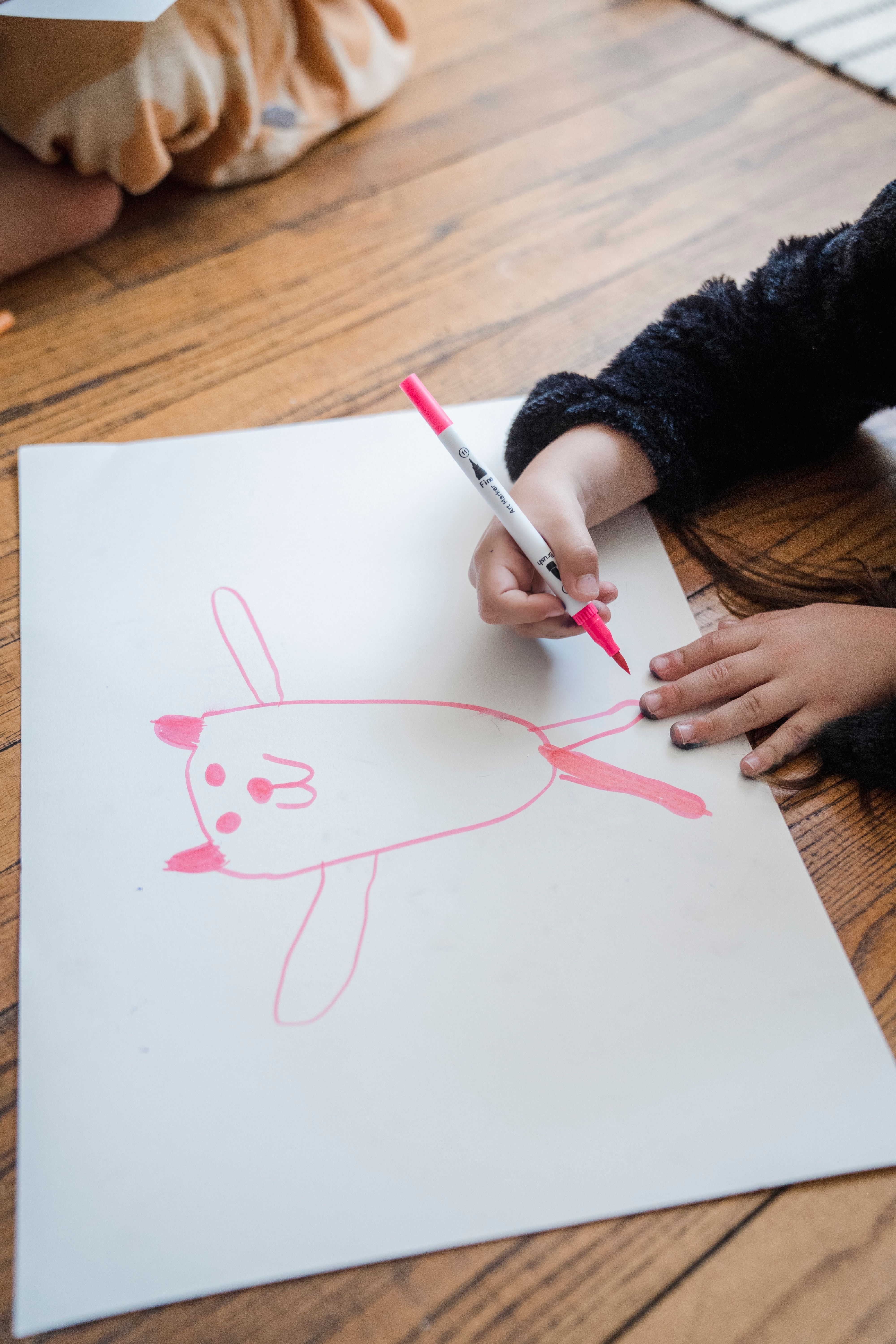 A child draws a cute animal with a pink marker while sitting on the floor indoors, expressing creativity and fun.