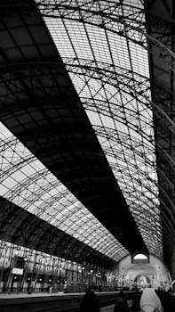 Dramatic black and white view of a railway station's arched roof and structure.