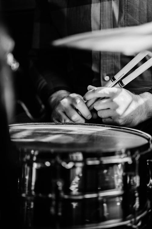 Grayscale Photo of a Drum