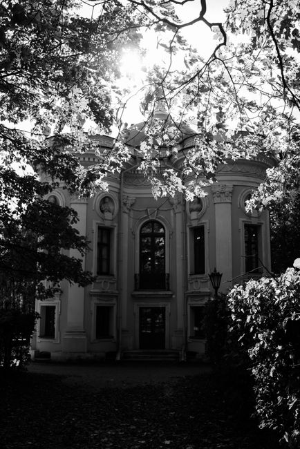 Black and white photo of a historic European building surrounded by sunlit trees.