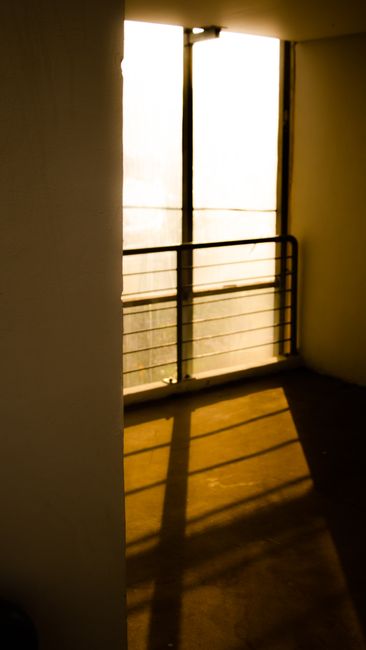 Bright sunlight casting dramatic shadows through glass windows and metal railing.