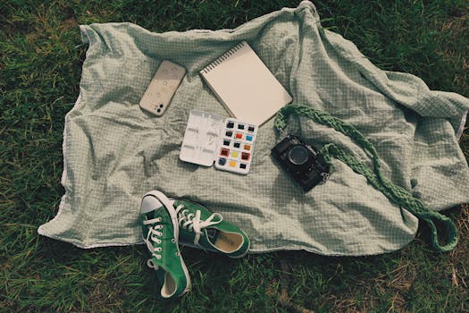 An artistic outdoor arrangement with a camera, paints, and sneakers on a blanket.