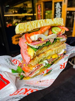 Delicious stacked sandwich with fresh ingredients layered for a perfect bite.