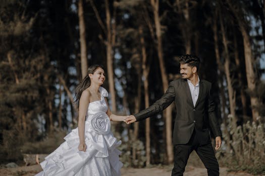 Smiling couple in wedding attire holding hands amidst forest trees, conveying joy and love.