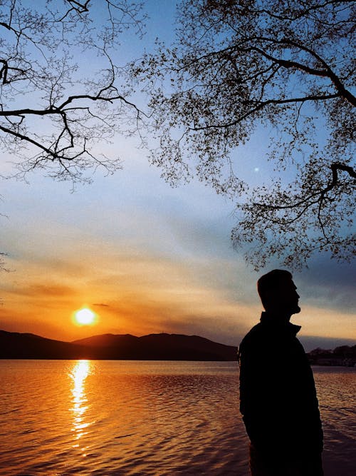 Silhouette of Man Standing Near the Lake