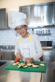 A young chef with eyeglasses slices vegetables indoors, showcasing culinary skills.