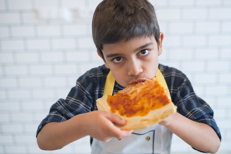 A Boy In Plaid Shirt Eating Pizza