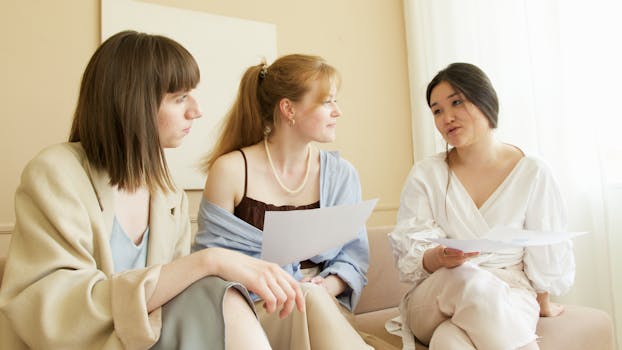Three women engaged in a discussion while reviewing documents on a sofa.