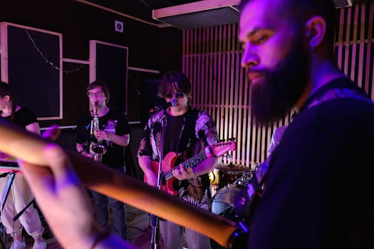 A vibrant band performing in a studio with various musical instruments under colorful lights.