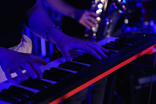 Musician performing on electronic keyboard at a live event with dramatic lighting.