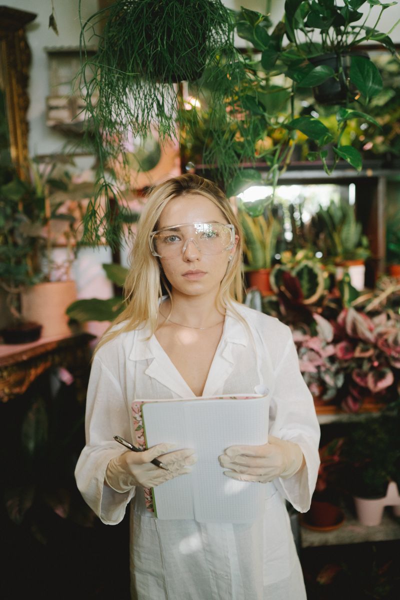 Scientist with notebook amidst plants in a greenhouse setting, wearing gloves and goggles.