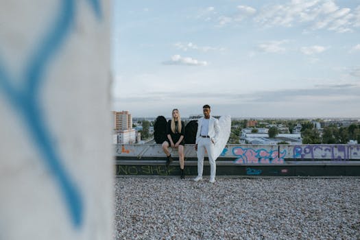 Two people with angel wings on a rooftop, blending divine and urban themes.