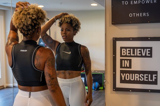 A fit young woman with curly hair admires her reflection in a gym with motivational signs.