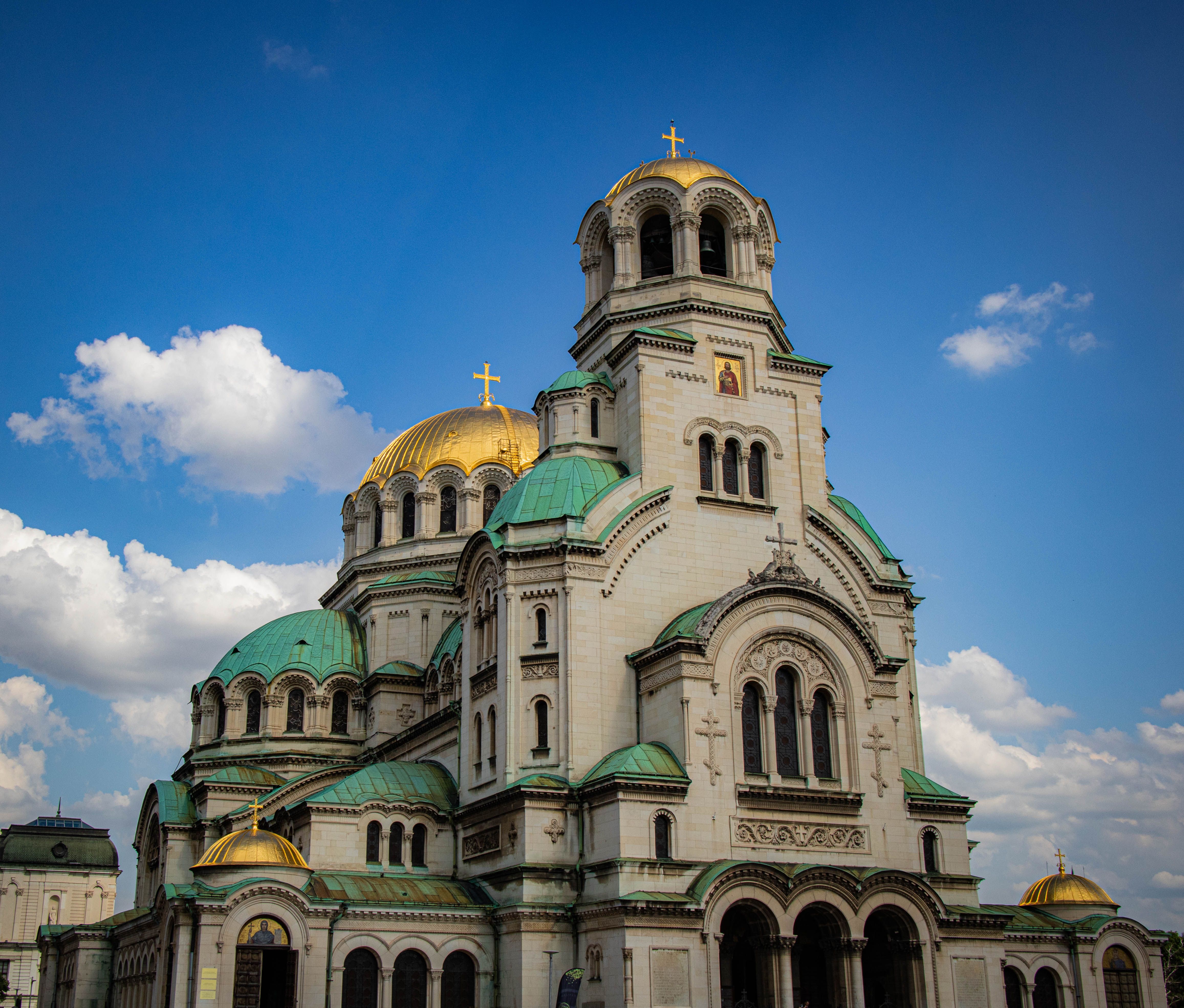 Alexander Nevsky Cathedral seen from a Sofia side street at dusk