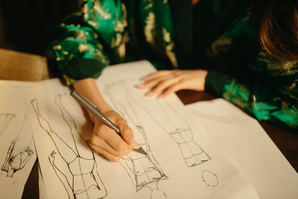 Fashion illustrator drawing clothing designs and elegant figures with pencils, markers, and watercolor