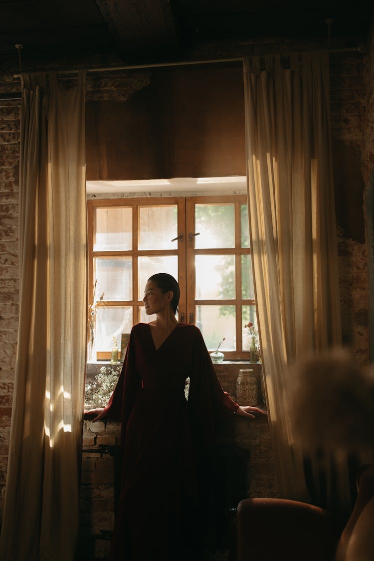 Beautiful Woman In A Dress Standing Near A Window