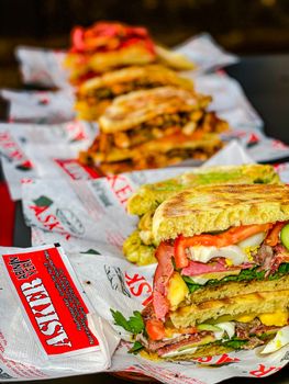 A colorful array of gourmet sandwiches showcasing fresh ingredients, perfect for enticing food lovers.