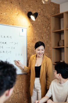 Asian colleagues discussing a project during a business meeting with a whiteboard presentation.