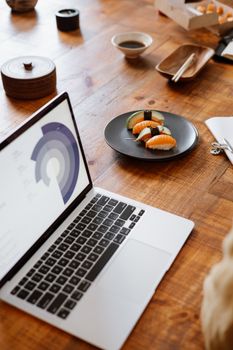 Elegant workspace with sushi and laptop, perfect for creative brainstorming sessions.