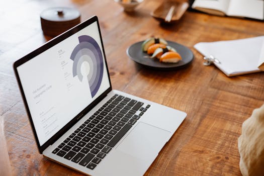 Laptop displaying data on a wooden table with sushi plate, ideal for lifestyle or business themes
