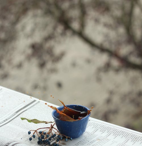 Cup with coffee flows near sprig of blueberry