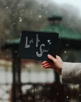 Hand holding a notebook with 'Let It Snow' written, against a snowy gazebo backdrop.