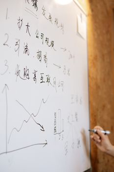 Hand writing business strategy on a whiteboard with graphs and diagrams.
