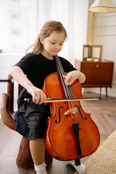 A young girl sitting indoors, skillfully playing a cello, immersed in music.