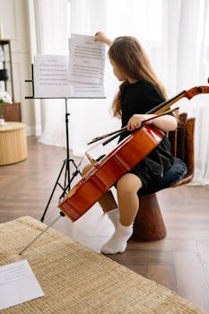 Young girl practicing cello in a cozy home environment, focusing on musical notes.
