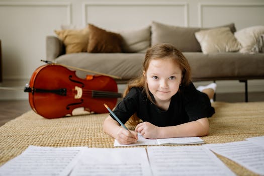 A young girl writing musical notes on the floor next to her cello, creating a cozy home music practice scene.