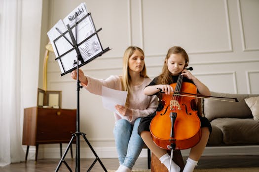 A child sits with a cello as a woman assists, creating a cozy learning environment.