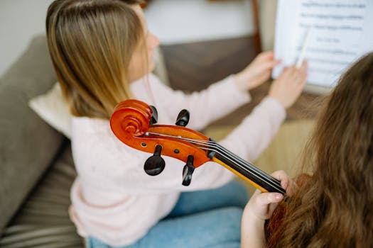 Young girl learning to play the cello during an indoor music lesson.