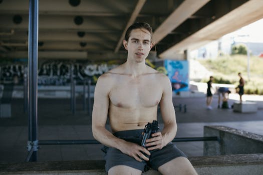 Shirtless young man holding a bottle at an outdoor gym underneath a bridge.