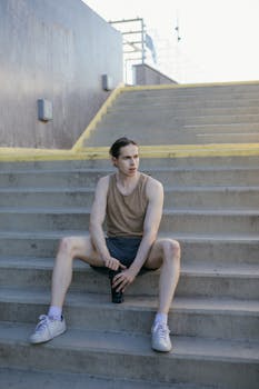 A young man in casual attire sitting thoughtfully on concrete stairs in an urban setting.