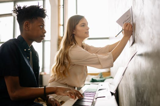 A teenager learning piano under the guidance of a teacher indoors.