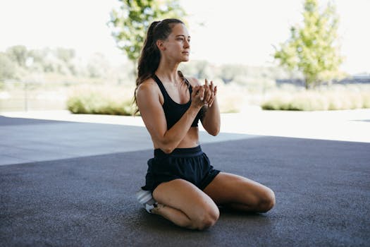 Young woman in sportswear kneeling outdoors, engaging in mindful meditation.