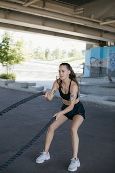 Fit woman in athletic wear exercising with battle ropes under a bridge.