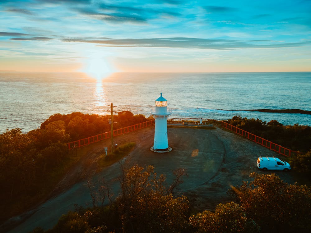 High Angle View of Lighthouse at Sunset 