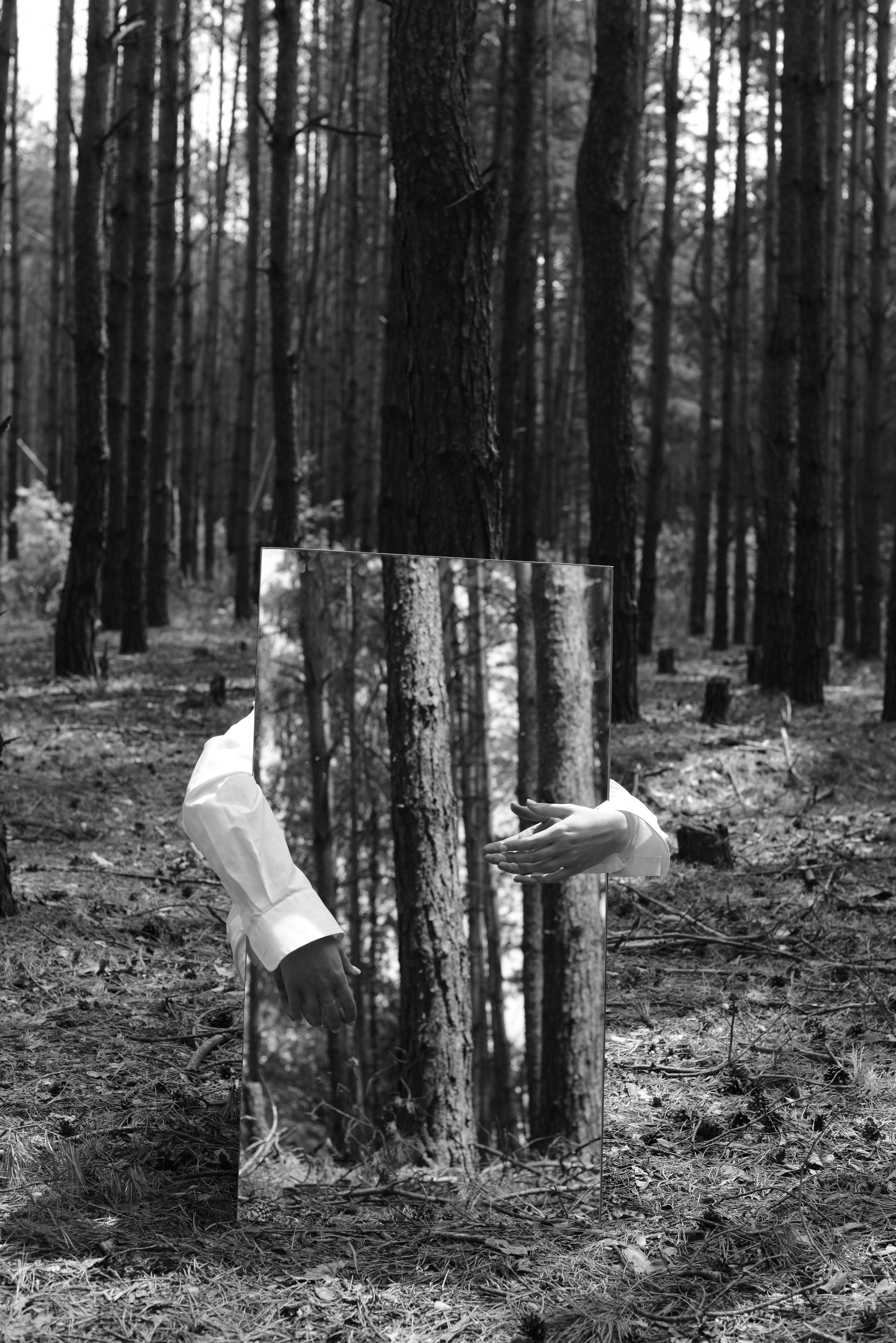 Mirror reflecting forest landscape held by hands in a monochrome scene.