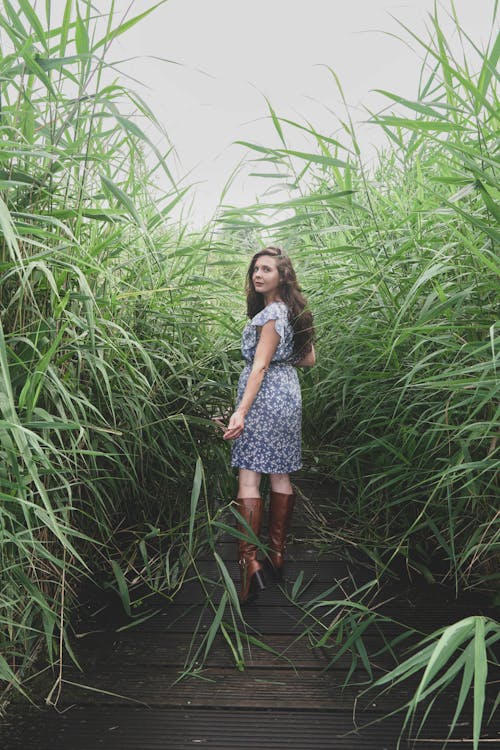 Woman in Floral Dress Standing Between the Grass