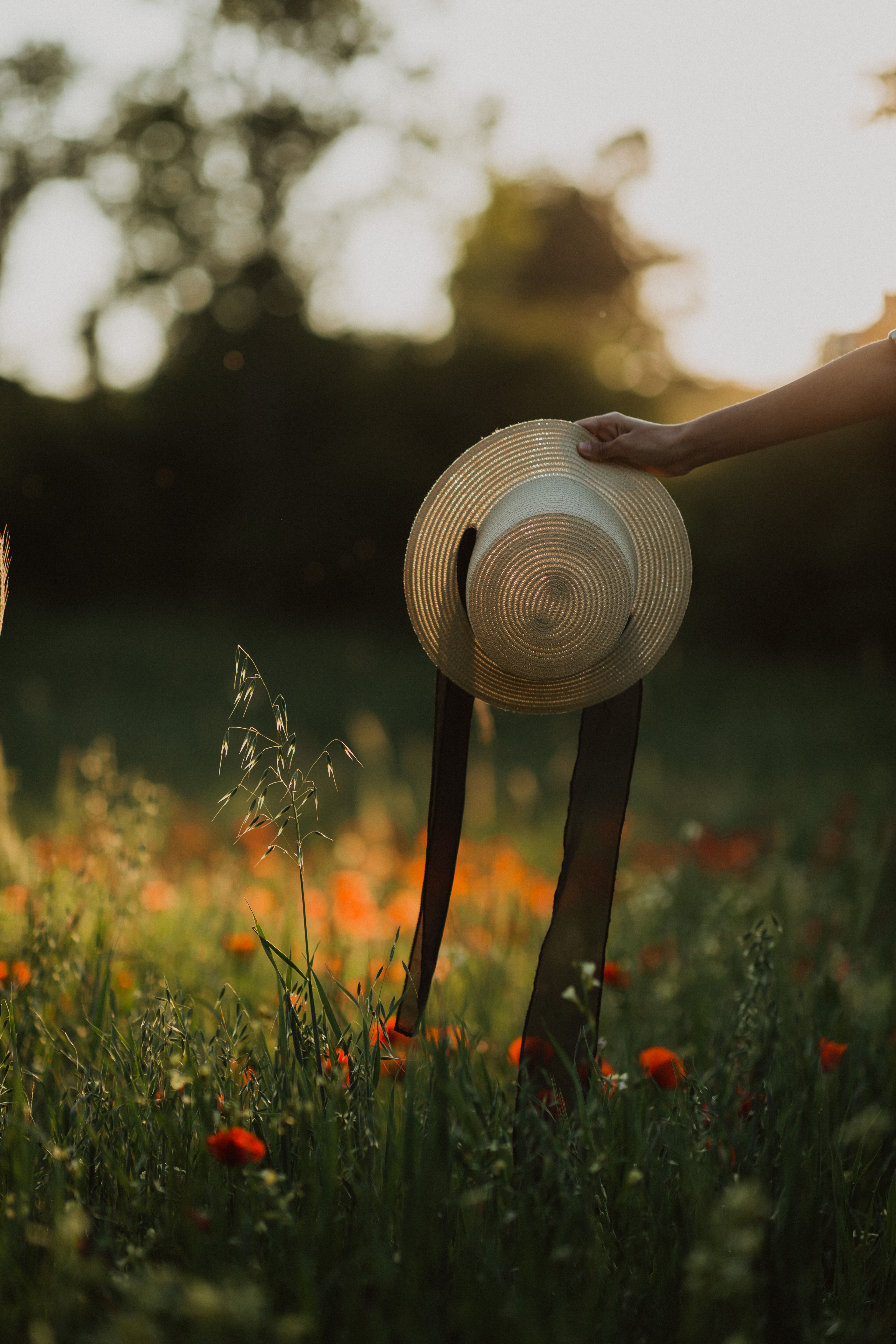 A graceful hand holding a straw hat over a wildflower field at sunset, evoking tranquility.