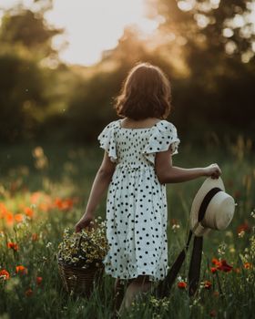 A girl in a polka dot dress holds a straw hat and basket in a summer flower field.