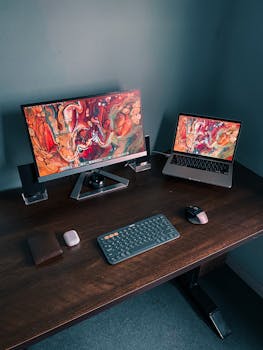 A modern home office with dual screens displaying vibrant abstract art, ideal for tech enthusiasts.