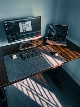 A clean, sunlit workspace featuring a laptop, monitor, keyboard, and mouse on a wooden desk.